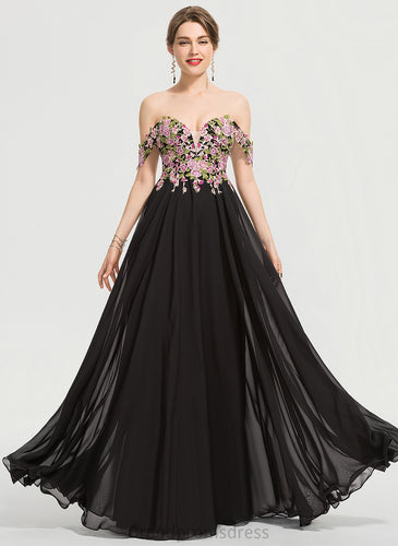 Ball-Gown/Princess Yamilet Floor-Length Prom Dresses Lace Off-the-Shoulder Chiffon