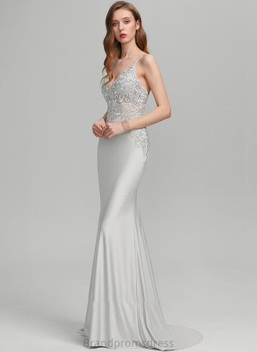 Trumpet/Mermaid Sweep Pearl Jersey Prom Dresses With Train V-neck Sequins