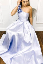 Load image into Gallery viewer, Simple One Shoulder Satin Floor Length Prom Dress With Flowers, Cheap Long Party Dress