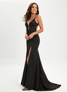 Tina Lace Trumpet/Mermaid With Stretch Prom Dresses Sweep Sequins V-neck Train Crepe