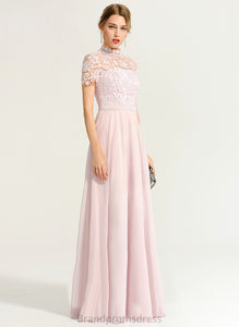 High Prom Dresses A-Line Bria Chiffon Lace Neck Floor-Length Illusion