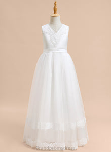 Floor-length Dress Tulle V-neck Lace/Bow(s) Flower - With Flower Girl Dresses Sleeveless Girl Ball-Gown/Princess Alma