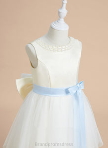 Flower Girl Dresses Rachel Satin/Tulle A-Line Sash/Beading/Bow(s) Sleeveless Tea-length - With Flower Scoop Dress Girl Neck
