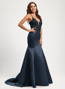Sequins Lace Sweep V-neck Satin Train Mignon Prom Dresses Trumpet/Mermaid With