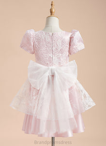 A-Line - Short Flower Girl Dresses Flower Scoop Satin/Tulle Dress Knee-length With Jacey Neck Sleeves Girl Lace/Sequins/Bow(s)