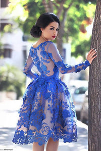 Princess/A-Line Round Knee-Length Long Karsyn Homecoming Dresses Royal Blue Sleeves Dresses Prom