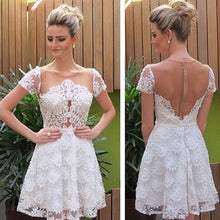 Load image into Gallery viewer, Princess/A-Line Jewel Lace Homecoming Dresses Amiyah Short Sleeves White Dresses With Illusion Back Prom