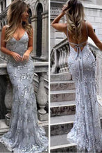 Load image into Gallery viewer, 2024 Sexy Backless Gray Sequin Lace Mermaid Long Evening Cheap Prom DressesProm Dresses