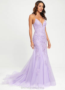 V-neck Sequins Sweep Trumpet/Mermaid Train Prom Dresses With Tulle Lace Meredith