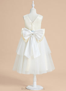 Flower Girl Dresses Rachel Satin/Tulle A-Line Sash/Beading/Bow(s) Sleeveless Tea-length - With Flower Scoop Dress Girl Neck