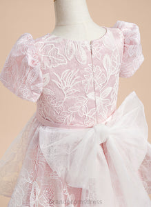 A-Line - Short Flower Girl Dresses Flower Scoop Satin/Tulle Dress Knee-length With Jacey Neck Sleeves Girl Lace/Sequins/Bow(s)