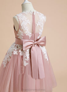 Tulle/Lace Girl - A-Line Dress Flower Girl Dresses Bow(s) Flower Knee-length Skyla V-neck With Sleeveless