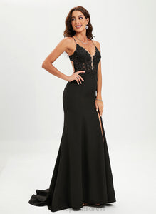 Tina Lace Trumpet/Mermaid With Stretch Prom Dresses Sweep Sequins V-neck Train Crepe