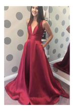 Load image into Gallery viewer, Simple A-Line V-Neck Satin Long Cheap Red Prom Dresses With Pocket