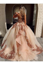 Load image into Gallery viewer, Champagne Tulle Rosewood Appliques Sweet Heart Neckline Ball Gown Quinceanera Dresses Prom Dresses