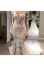 Load image into Gallery viewer, Cute Mermaid Ivory Lace Appliques V Neck Wedding Dresses Long Sleeves