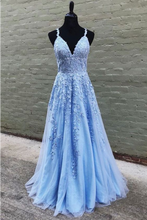 Load image into Gallery viewer, A Line V Neck Straps Appliques Long Prom Dress, Cheap Tulle Formal Dresses