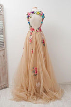 Load image into Gallery viewer, A Line Straps Appliqued Prom Dress, Cheap Sweep Train Tulle Evening Dresses