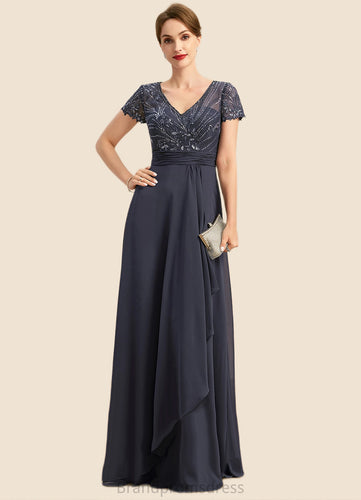 Zoey A-line V-Neck Floor-Length Chiffon Lace Mother of the Bride Dress With Beading Cascading Ruffles Sequins XXC126P0021675