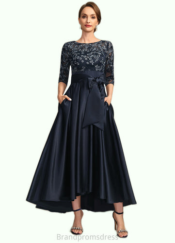 Valerie A-line Scoop Illusion Asymmetrical Lace Satin Mother of the Bride Dress With Bow XXC126P0021678