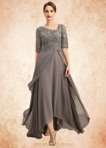 Zoie A-line Asymmetrical Asymmetrical Chiffon Lace Mother of the Bride Dress With Pleated Sequins XXC126P0021688