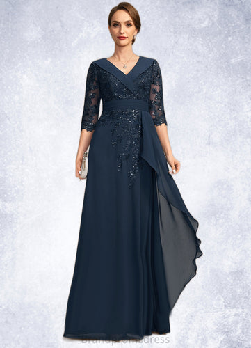 Carolina A-line V-Neck Floor-Length Chiffon Lace Mother of the Bride Dress With Cascading Ruffles Sequins XXC126P0021691