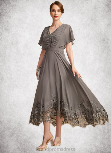 Phoenix A-line V-Neck Asymmetrical Chiffon Lace Mother of the Bride Dress With Pleated XXC126P0021699