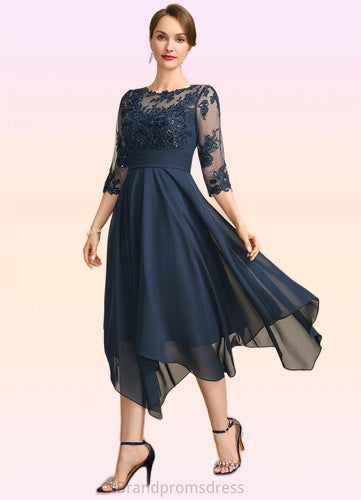 Karen A-line Scoop Illusion Tea-Length Chiffon Lace Mother of the Bride Dress With Sequins XXC126P0021704