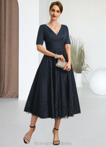 Lyla A-line V-Neck Tea-Length Lace Tulle Mother of the Bride Dress With Pleated XXC126P0021716