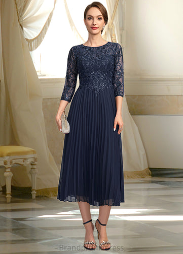Molly A-line Scoop Illusion Tea-Length Chiffon Lace Mother of the Bride Dress With Pleated Sequins XXC126P0021720