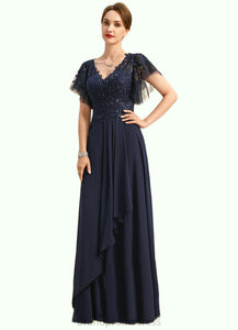 Eliana A-line V-Neck Floor-Length Chiffon Lace Mother of the Bride Dress With Cascading Ruffles Sequins XXC126P0021738