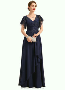 Eliana A-line V-Neck Floor-Length Chiffon Lace Mother of the Bride Dress With Cascading Ruffles Sequins XXC126P0021738
