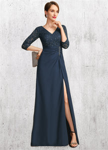 Abbie Sheath/Column V-Neck Floor-Length Chiffon Lace Mother of the Bride Dress With Beading Pleated Sequins XXC126P0021743