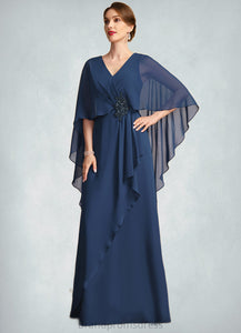 Wendy A-line V-Neck Floor-Length Chiffon Mother of the Bride Dress With Beading Cascading Ruffles XXC126P0021766