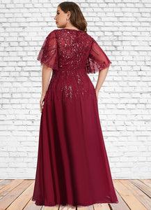 Everly A-line V-Neck Floor-Length Chiffon Lace Mother of the Bride Dress With Sequins XXC126P0021767
