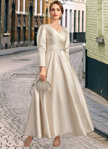 Evelin A-line V-Neck Ankle-Length Satin Mother of the Bride Dress With Pleated XXC126P0021768