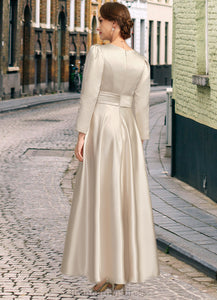Evelin A-line V-Neck Ankle-Length Satin Mother of the Bride Dress With Pleated XXC126P0021768