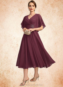 Rosa A-line V-Neck Tea-Length Chiffon Mother of the Bride Dress With Beading Pleated XXC126P0021774