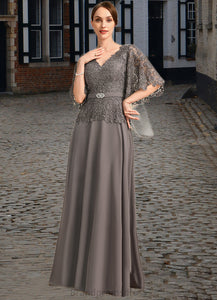 Stella A-line V-Neck Floor-Length Chiffon Lace Mother of the Bride Dress With Rhinestone Crystal Brooch XXC126P0021782