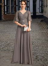 Load image into Gallery viewer, Stella A-line V-Neck Floor-Length Chiffon Lace Mother of the Bride Dress With Rhinestone Crystal Brooch XXC126P0021782