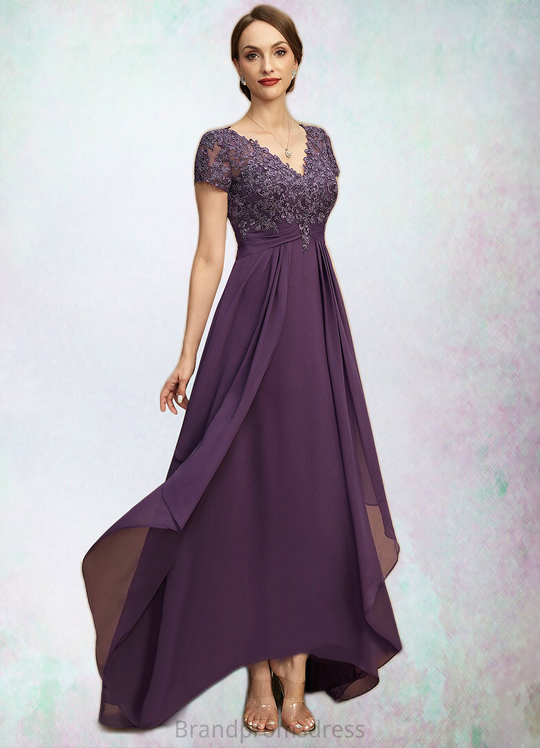 Piper A-line V-Neck Asymmetrical Chiffon Lace Mother of the Bride Dress With Cascading Ruffles XXC126P0021899