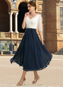 Meg A-line V-Neck Tea-Length Chiffon Mother of the Bride Dress With Beading Pleated XXC126P0021923