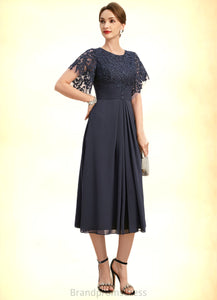Kathleen A-line Scoop Tea-Length Chiffon Lace Mother of the Bride Dress With Pleated XXC126P0021928