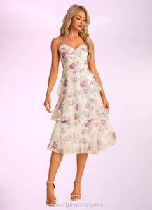 Kyleigh A-line V-Neck Tea-Length Chiffon Bridesmaid Dress With Cascading Ruffles Floral Print XXCP0022567