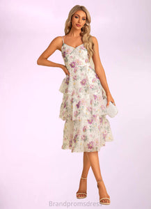 Kyleigh A-line V-Neck Tea-Length Chiffon Bridesmaid Dress With Cascading Ruffles Floral Print XXCP0022567