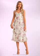 Load image into Gallery viewer, Kyleigh A-line V-Neck Tea-Length Chiffon Bridesmaid Dress With Cascading Ruffles Floral Print XXCP0022567