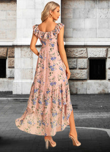 Diana Trumpet/Mermaid Scoop Straight Floor-Length Asymmetrical Chiffon Bridesmaid Dress With Ruffle Floral Print XXCP0022569