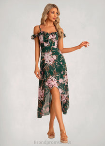 Ellen A-line Sweetheart Tea-Length Asymmetrical Chiffon Bridesmaid Dress With Floral Print Ruffle XXCP0022572