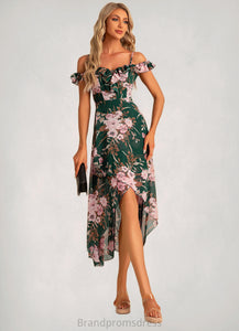 Ellen A-line Sweetheart Tea-Length Asymmetrical Chiffon Bridesmaid Dress With Floral Print Ruffle XXCP0022572