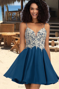 Tina A-line V-Neck Short/Mini Chiffon Lace Homecoming Dress With Beading XXCP0020572